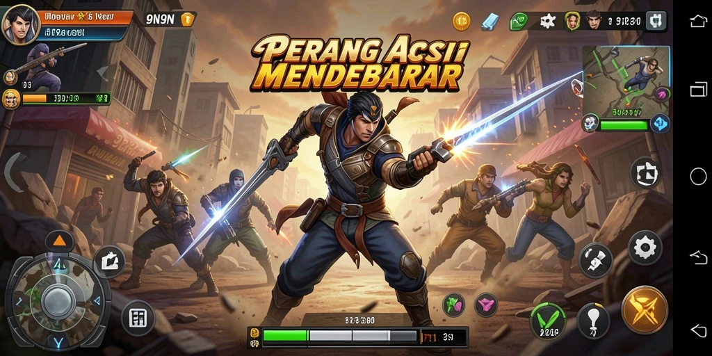 Screenshot menunjukkan aksi tembak-menembak di medan perang 9N9N.